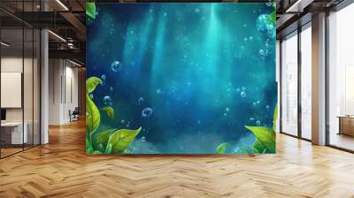 Underwater scene with green leaves and bubbles, vibrant blue background, nature-inspired digital art Wall mural