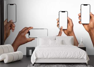 Man using smart phones with blank screen isolated on transparent or white background Wall mural