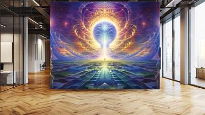 A mystical temple of enlightenment with vibrant cosmic energy, symbolizing spiritual awakening and radiance.

 Wall mural