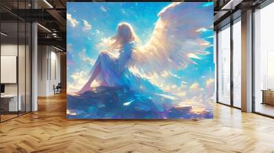 A beautiful angel with large white wings sits on the edge of an ancient stone, she is holding out her hand to us and we see stars that come from above in it, behind her there's a blue sky with clouds Wall mural