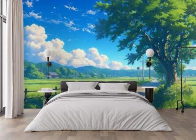 A beautiful anime background of an empty country road with green fields on both sides, trees and blue sky, sunny day, countryside. Wall mural