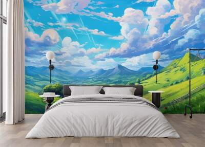 A beautiful landscape with hills and clouds, flat style cartoon painting illustration Wall mural