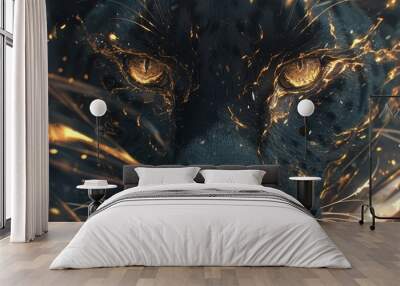 A black leopard with golden eyes, in a close up shot, in the dark night forest, surrounded by glowing particles and dots of light Wall mural