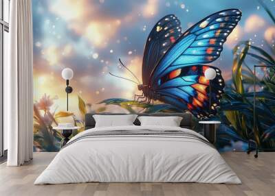 A blue and black butterfly with colorful wings perched on the edge of green palm leaves, with white clouds in the background.  Wall mural