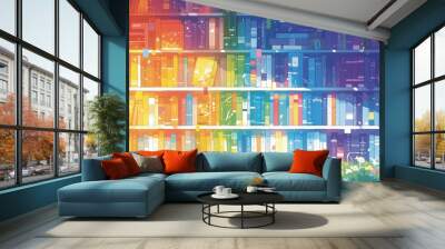 A bookshelf filled with books in rainbow colors, representing the diversity of academic marketing knowledge and trends. Wall mural