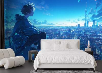 A boy sitting on the edge of a rooftop, overlooking the cityscape at night in the style of anime Wall mural