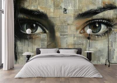 A collage of black and white newspaper clippings, creating an abstract portrait with the eyes of two women Wall mural