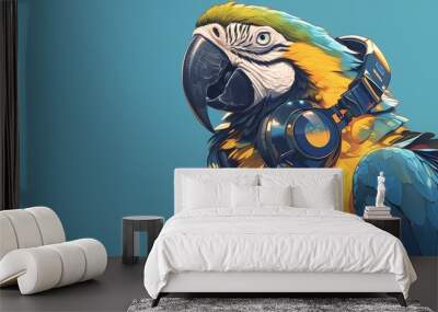 A colorful parrot with headphones and sunglasses  Wall mural