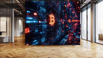 A digital art representation of the data center screens displaying various icons representing cybersecurity, technology, and blockchain with light effects. Wall mural