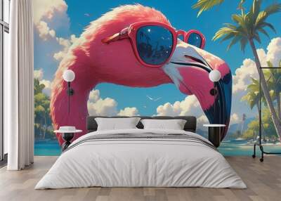 A flamingo wearing red sunglasses, with palm trees and an island in the background Wall mural