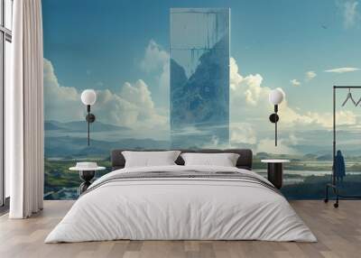 A floating white angular mirror in the middle of a landscape, with a blue sky. There is water around it and black rocks Wall mural