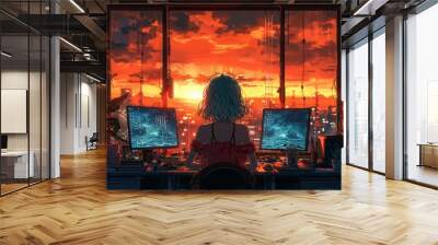 A girl with teal hair sitting at her desk in front of two monitors Wall mural