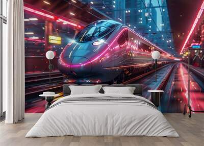 A high-speed train in motion, surrounded by neon lights and futuristic designs, representing the future of travel technology.  Wall mural