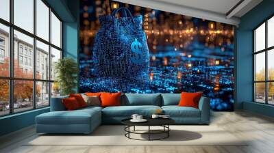 A money bag made of blue digital numbers, with the dollar sign, is placed in front of an array of glowing data points and binary code, futuristic fusion between finance and technology.  Wall mural