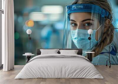 A nurse wearing protective gear, including a face shield and mask, is seen in a hospital room.  Wall mural