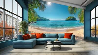 A panoramic view of the beach with palm leaves and a clear blue sky, showcasing a serene summer scene.  Wall mural