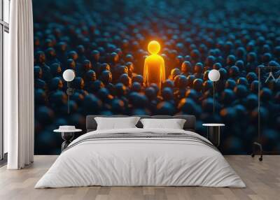 A person standing out in the crowd of people, a glowing figure among dark figures. Conceptual illustration representing a leader or professional individual with a strong personality and confidence Wall mural