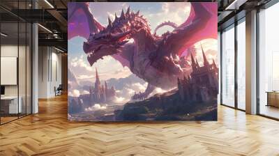 A red dragon with purple scales and black eyes flying over the fantasy landscape Wall mural