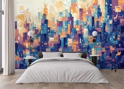 Abstract colorful cityscape pattern with isometric skyscrapers, vibrant geometric shapes and bold colors for a modern design background Wall mural