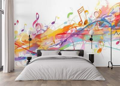 Abstract music notes background vector illustration with watercolor splash, musical elements and colorful tones on white isolated background.  Wall mural