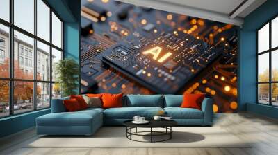 AI on a circuit board with gold letters Wall mural