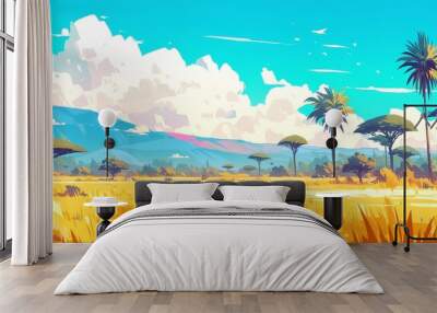 An cartoon style illustration of the African savannah, with lush green grass and acacia trees in front, mountains in the background Wall mural