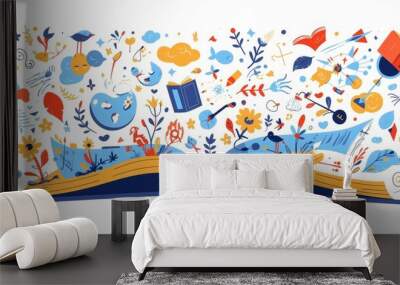 An open book with colorful pages and vibrant illustrations of school icons, such as kites or clouds, swirling around Wall mural