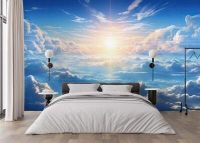 Anime sky clouds with bright sun rays and beautiful blue sky.  Wall mural