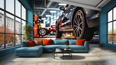 Car, tire and wheel at service station on the background of cars. Wall mural