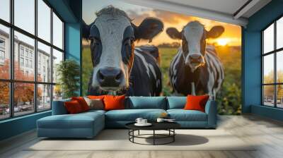 Close up portrait of two black and white cows in a green meadow at sunset.  Wall mural