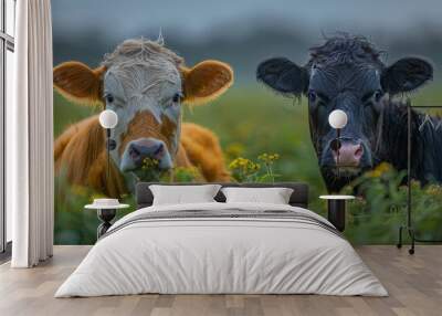 Close-up portrait of two cows in a green field at sunset Wall mural