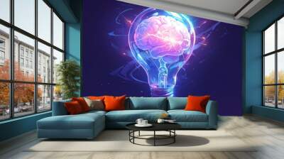 colorful illustration of an idea bulb with a brain inside, representing creative thinking and ideas for design. The lightbulb is designed in the style of two stylized brains, symbolizing intelligence Wall mural