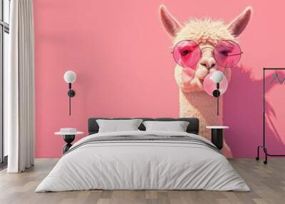 Cute llama in sunglasses blowing bubble gum on a pink background with copy space, a funny animal character portrait banner design Wall mural