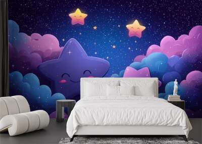 Cute pastel purple frame with a background of stars, dots, and clouds.  Wall mural