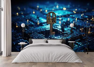 Digital key with cybernetic engravings to secure data cloud.  Wall mural