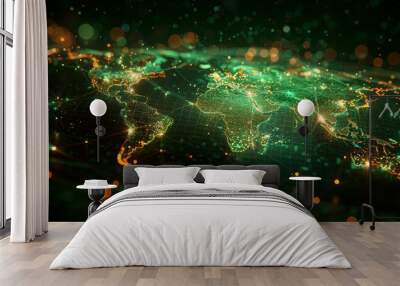 Digital map of the world with glowing connections between cities and countries, representing global connectivity Wall mural