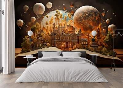 Fantasy world inside of the book. Concept of education imagination and creativity from reading books.  Wall mural