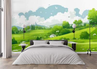 Golf course green, flat design illustration with background of grassy hills and trees Wall mural