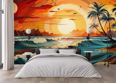 painting of a beach at sunset with palm trees and red sky over the ocean Wall mural