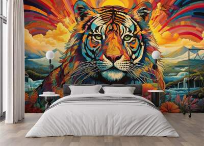 Psychadelic Artwork representing a colorful tiger in vibrant color tones.  Wall mural