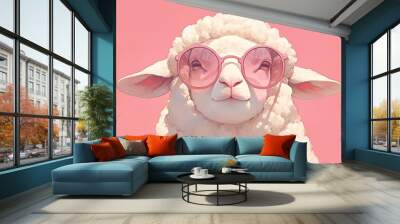 sheep wearing sunglasses on a pink background  Wall mural