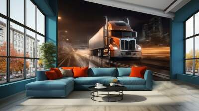 Truck is depicted in motion on a dark highway within the city.  Wall mural