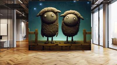 two sheep peacefully standing in front of a wooden fence, basking in the gentle glow of the moon above Wall mural