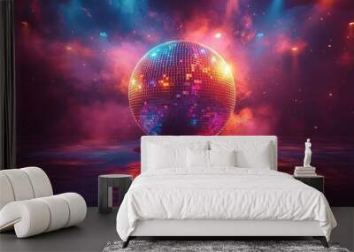 Vibrant disco ball with colorful lights, illuminating the dark space in an energetic and dynamic dance club setting. Wall mural