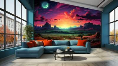 Vibrant sunset at the desert scene with a hill and colorful land Wall mural