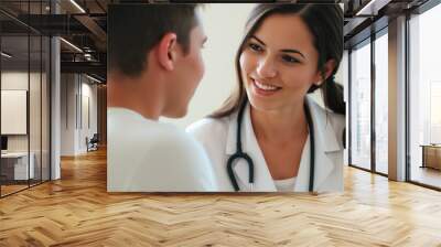 A close-up shot of a teenager and a doctor engaging in conversation during a check-up. The doctor with a stethoscope around their neck Wall mural