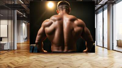 A muscular man seen from behind lifting heavy weights in a dimly lit gym Wall mural