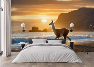 A small llama running along the sea during a beautiful sunset with hills visible in the background Wall mural