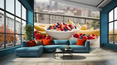 Bowl of fresh fruits and yogurt on a balcony table with a city view, captured with a macro lens in soft morning light. Showcasing a vibrant and healthy style. Wall mural