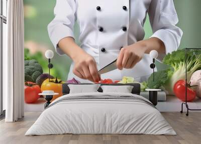 Chef preparing a dish - close-up of hands, cutting vegetables, Wall mural